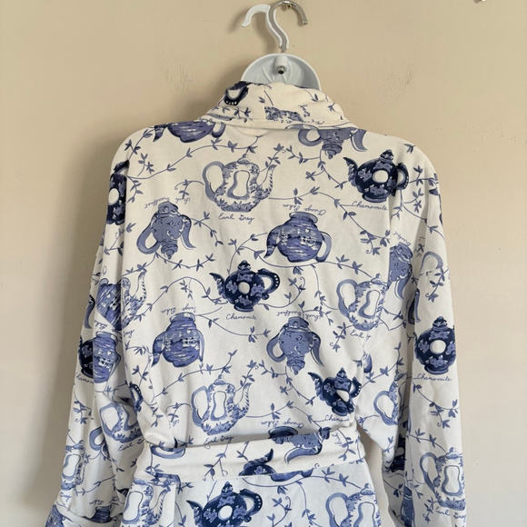 RARE Victoria's Secret Gold Label 80s Vintage White Blue Teapot Print Robe OS - Picture 8 of 15